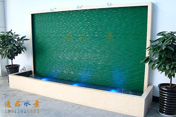 艺术玻璃水幕墙（绿色波纹）|玻璃水景墙定制厂家